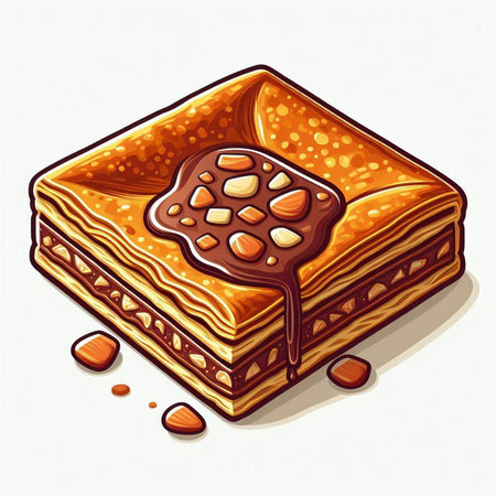 Illustration of a piece of cake with chocolate and nuts on a white backgroundのイラスト素材