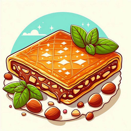 Illustration of a piece of baklava with nuts and mintのイラスト素材