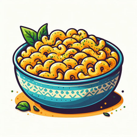 Illustration of a bowl of macaroni with green leaves.のイラスト素材
