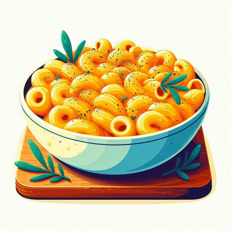 Illustration of a bowl of macaroni with cheese and herbsのイラスト素材