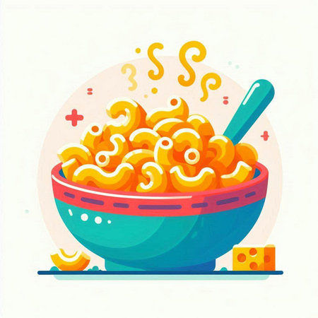 Vector illustration of a bowl of macaroni with cheese and spoonのイラスト素材