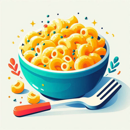 Illustration of a bowl of macaroni with a fork in the backgroundのイラスト素材