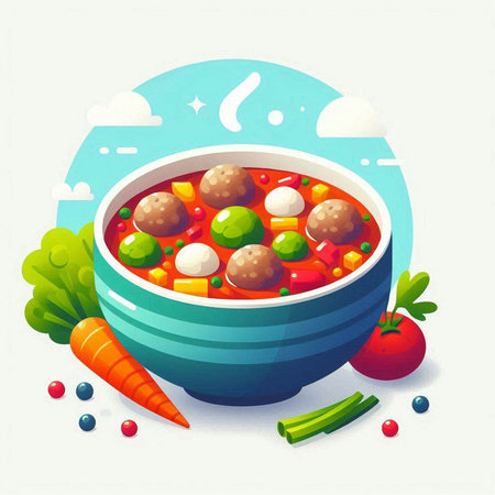 Bowl of soup with meatballs and vegetables. Vector illustration.のイラスト素材
