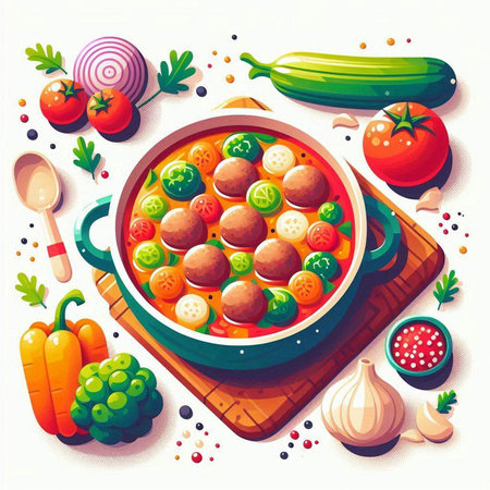 Vegetable stew with meatballs, tomato, cucumber, onion, garlic, pepper and parsley. Vector illustrationのイラスト素材