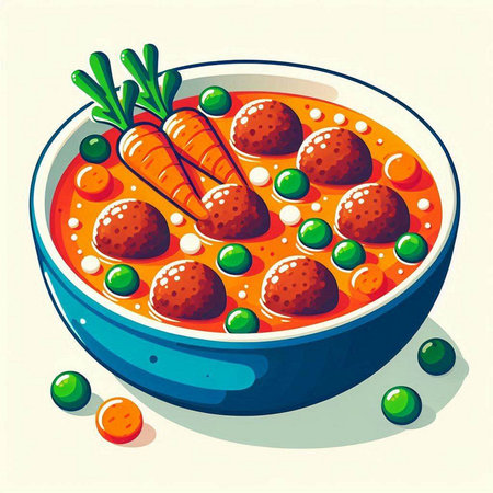 Illustration of a bowl of tomato soup with carrots and green peasのイラスト素材
