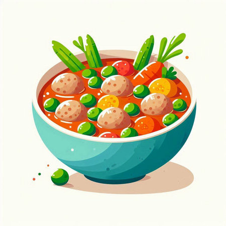 Bowl of soup with meatballs and vegetables. Vector illustration.のイラスト素材