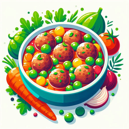 Vegetable salad with meatballs in a bowl. Vector illustration.のイラスト素材