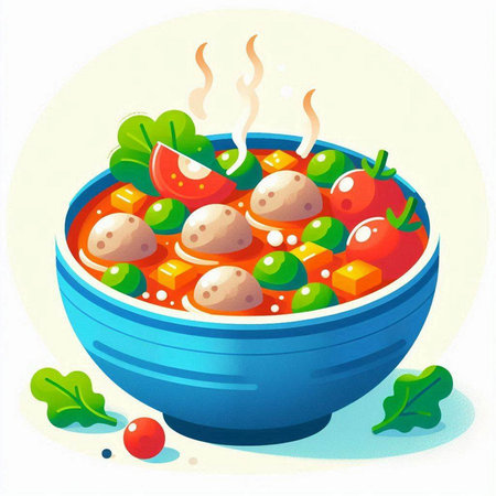 Illustration of a bowl of tomato soup with meatballs and vegetablesのイラスト素材