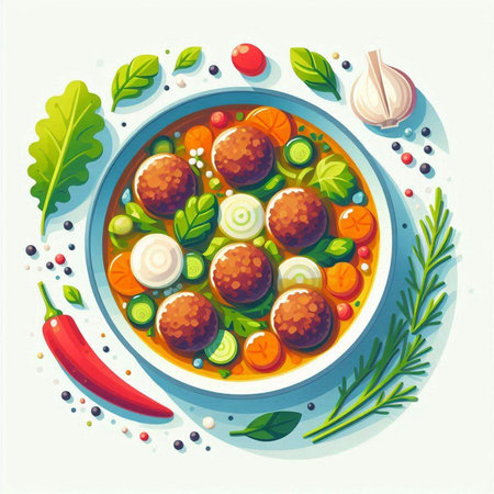 Vegetarian soup with meatballs and vegetables. Vector illustration.のイラスト素材