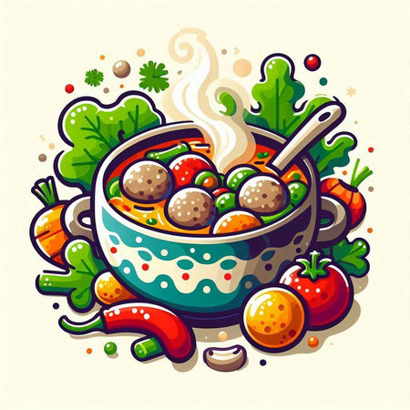 Vegetable soup with meatballs and vegetables. Vector illustration.のイラスト素材