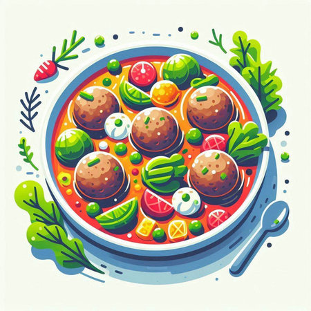 Meatballs with vegetables in tomato sauce on a plate. Vector illustration.のイラスト素材