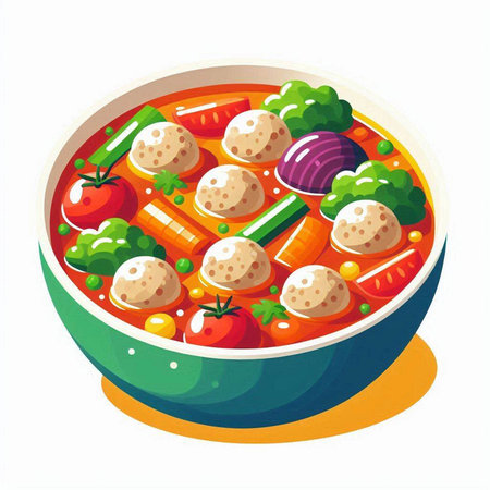 Soup with meatballs and vegetables in bowl. Vector illustration.のイラスト素材