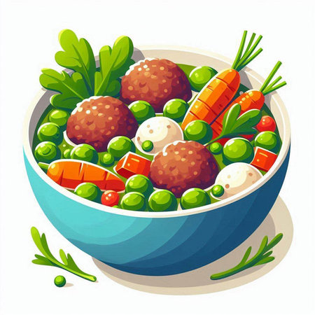Meatballs with green peas and carrots in a bowl. Vector illustration.のイラスト素材