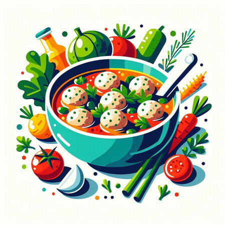 Vegetable soup with meatballs in bowl. Vector illustration.のイラスト素材