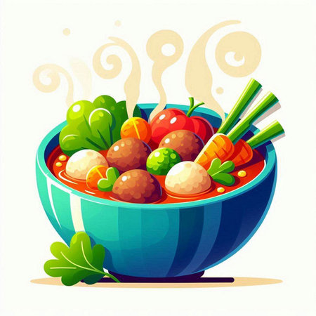 Bowl of soup with meatballs and vegetables, vector illustration.のイラスト素材