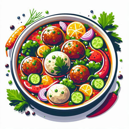 Meatballs in tomato sauce with cucumber, onion and parsley. Vector illustration.のイラスト素材