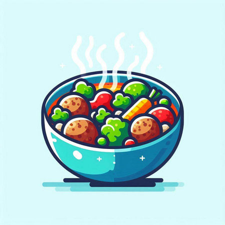 Bowl of soup with meatballs and vegetables. Vector illustration.のイラスト素材