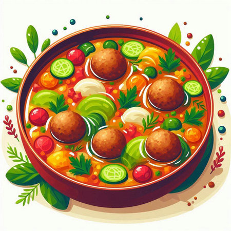 Vegetable soup with meatballs and vegetables. Vector illustration.のイラスト素材