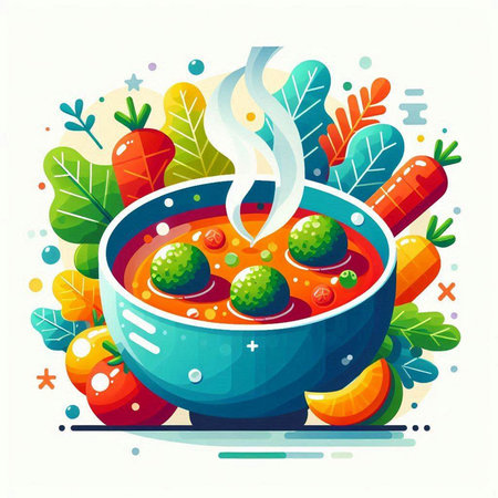 Vegetable soup in bowl. Vector illustration in flat style.のイラスト素材