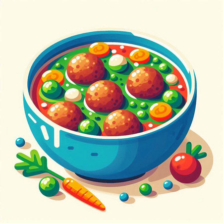 Vegetable soup with meatballs in a bowl. Vector illustration.のイラスト素材
