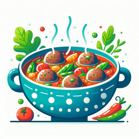 Vegetable soup with meatballs in a pot. Vector illustration.のイラスト素材
