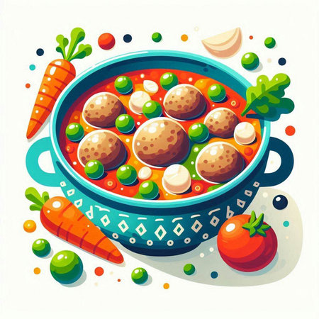 Bowl of soup with meatballs and vegetables. Vector illustration.のイラスト素材