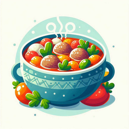 illustration of a bowl of tomato soup with meatballs and parsleyのイラスト素材