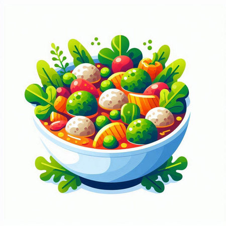 Vegetable salad in bowl isolated on white background. Vector illustration.のイラスト素材