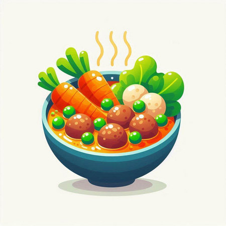 Bowl of vegetable soup with meatballs, carrot and lettuce. Vector illustration.のイラスト素材