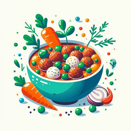 Vector illustration of a bowl of salad with meatballs, carrots and greensのイラスト素材