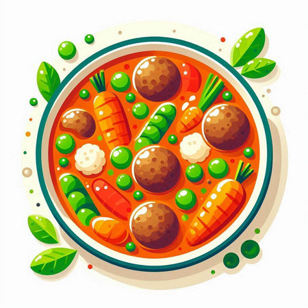 Illustration of a bowl of soup with meatballs, carrots and peasのイラスト素材