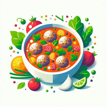 Vector illustration of tomato soup with meatballs and vegetables in bowl.のイラスト素材