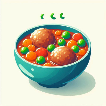 Vector illustration of a bowl of meatballs with tomatoes and peas.のイラスト素材