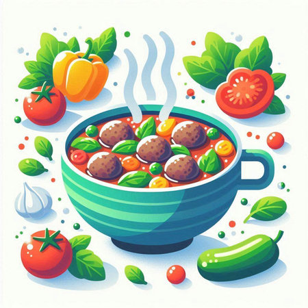 Meatballs in tomato sauce in a bowl with fresh vegetables. Vector illustration.のイラスト素材