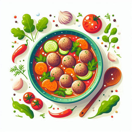 Meatballs in tomato sauce with vegetables and herbs. Vector illustration.のイラスト素材