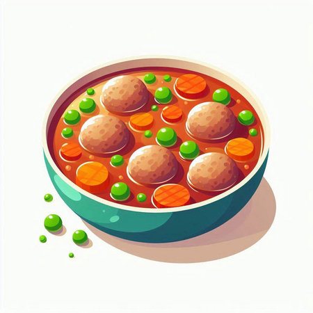 Meatballs in tomato sauce with green peas and carrots. Vector illustration.のイラスト素材