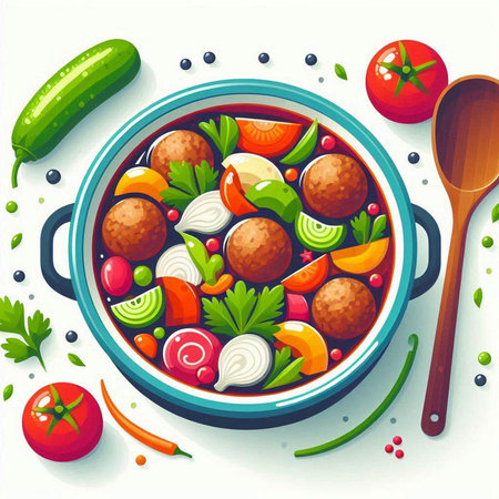 Vegetable soup with meatballs and vegetables. Vector illustration.のイラスト素材