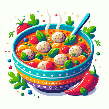 Cartoon vector illustration of a bowl of tomato soup with meatballs and vegetablesのイラスト素材