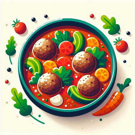Bowl of tomato soup with meatballs and vegetables. Vector illustration.のイラスト素材