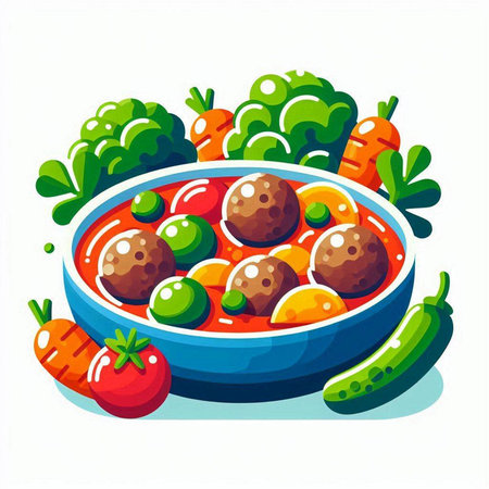 Vegetable salad with meatballs in bowl. Vector illustration.のイラスト素材