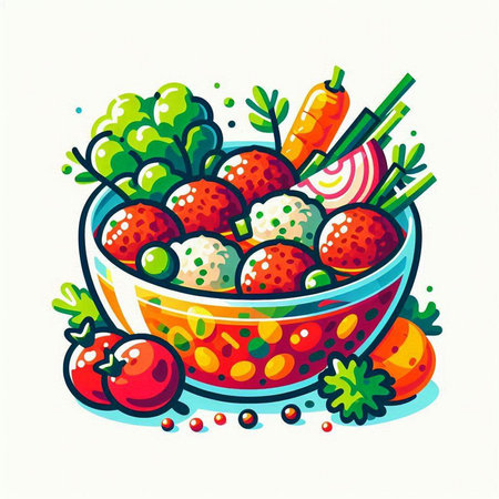Illustration of a bowl of fresh vegetable salad with strawberries and carrots.のイラスト素材