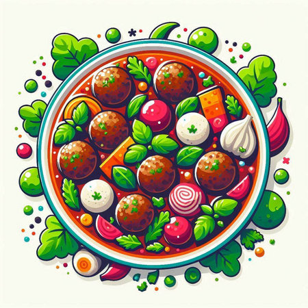 Meatballs with vegetables in a plate. Vector illustration of a cartoon style.のイラスト素材