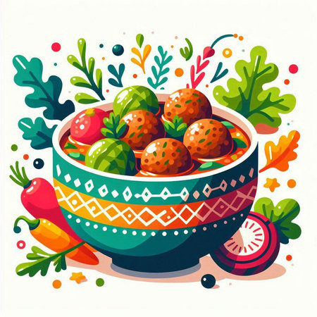 Ceramic bowl with meatballs and vegetables. Vector illustration.のイラスト素材