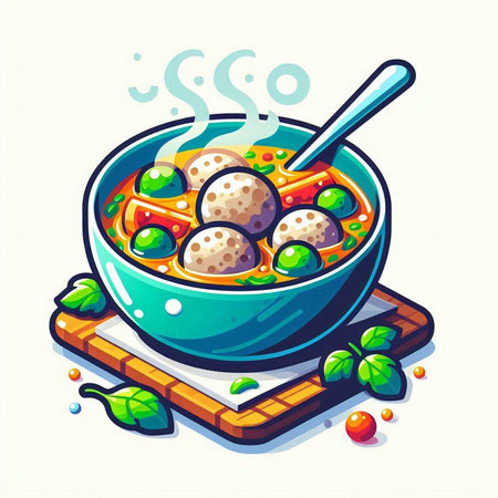 Vegetable soup with meatballs in bowl. Vector illustration.のイラスト素材