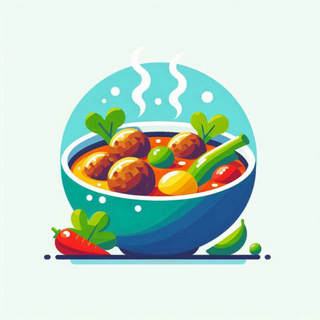 Bowl of spicy soup with meatballs and vegetables. Vector illustration.のイラスト素材