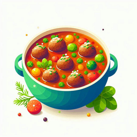 Meatballs in tomato sauce in a pot. Vector illustration on white background.のイラスト素材