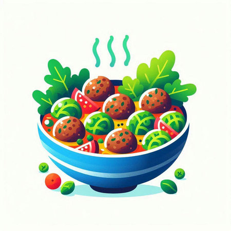 Vegetable salad with meatballs in a bowl. Vector illustration.のイラスト素材