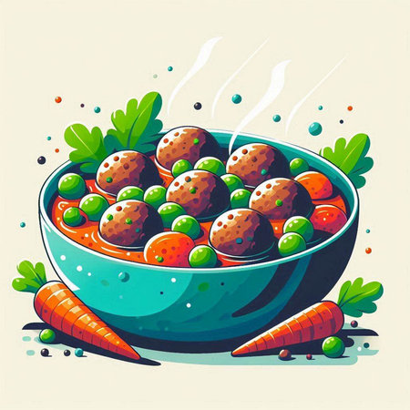 Bowl with meatballs and vegetables. Vector illustration in cartoon style.のイラスト素材