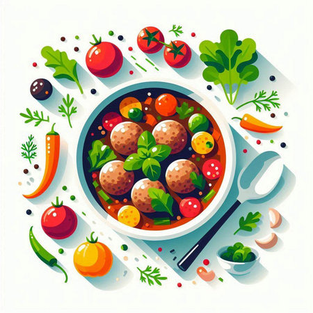 Meatballs in tomato sauce with herbs and spices. Vector illustration.のイラスト素材