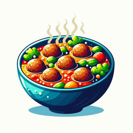 Bowl of beef meatballs with tomato sauce. Vector illustration.のイラスト素材